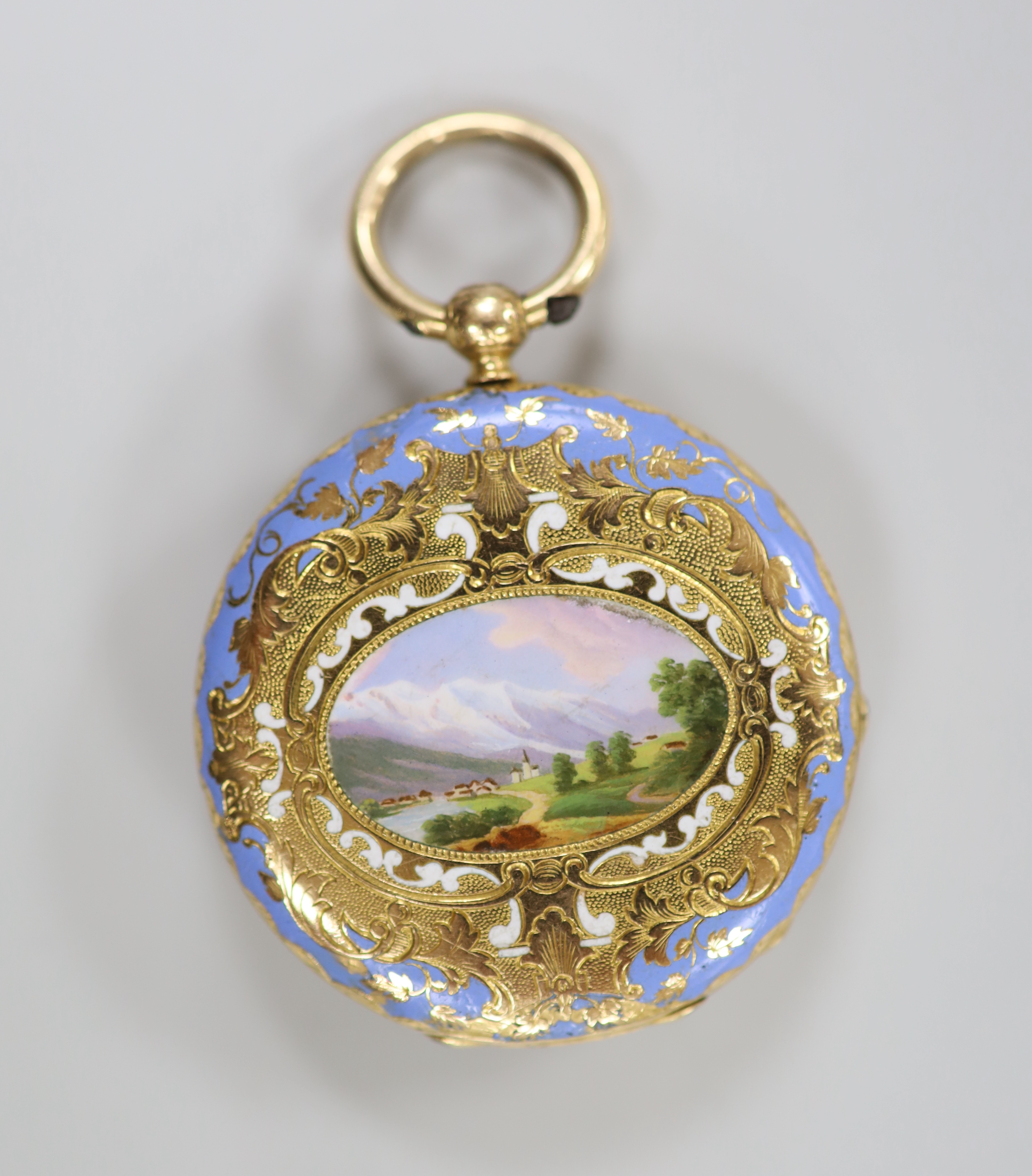 An early 20th century 18k and enamelled open face keywind fob watch, with Roman dial and decorated with landscape, case diameter 34mm, gross weight 29.6 grams.